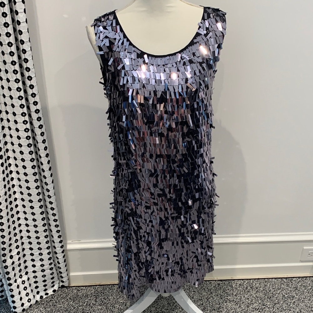 Tory Burch. Size 10 Sequin Tile Shift Dress - Silver-Gray